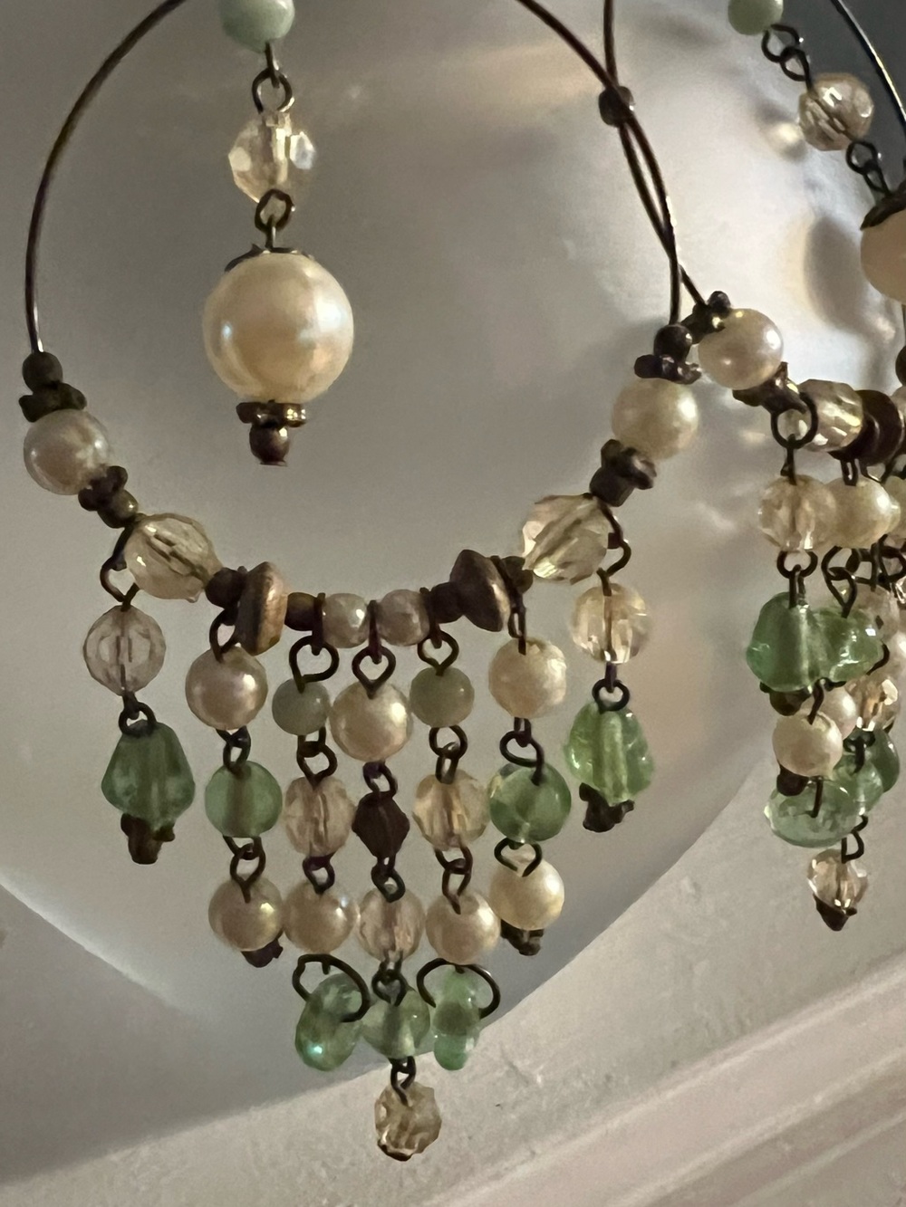 Green and Pearl Bead Chandelier Hoop Earrings
